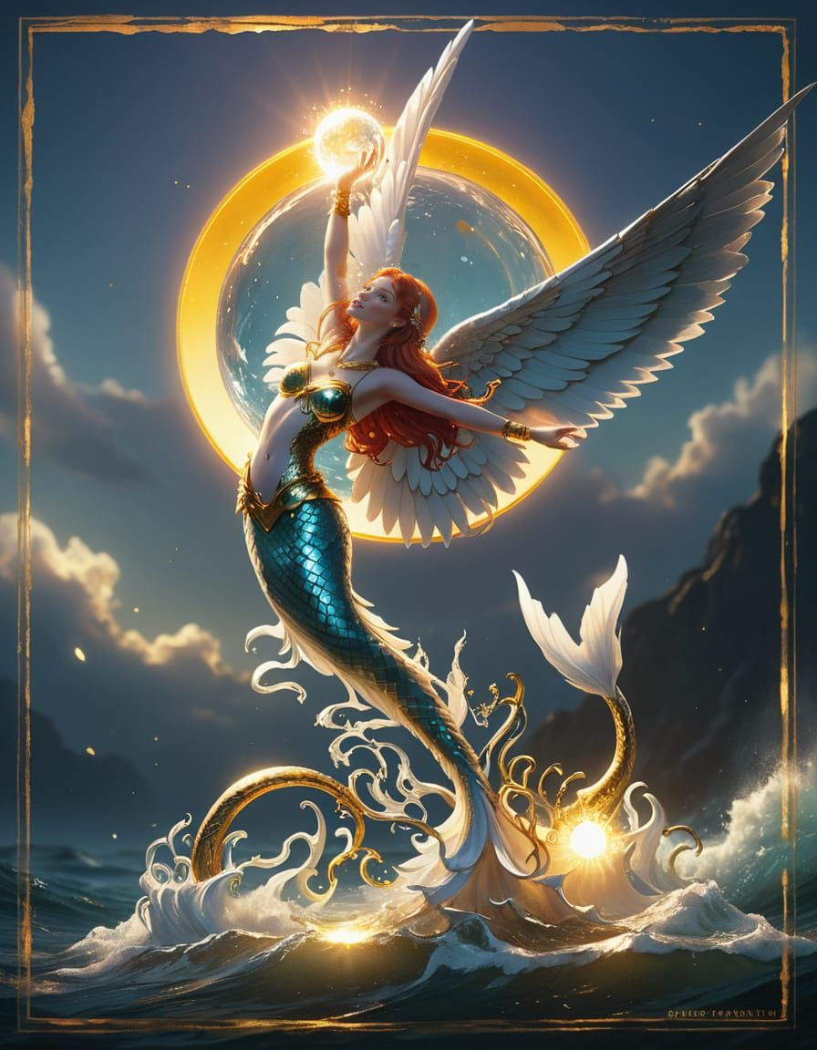 Ethereal Mermaid Ascends to the Skies in Golden Aura