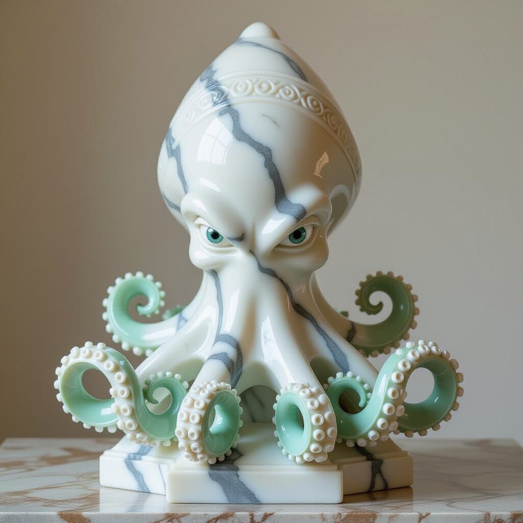 Ornate Marble Squid Statue with Glowing Eyes