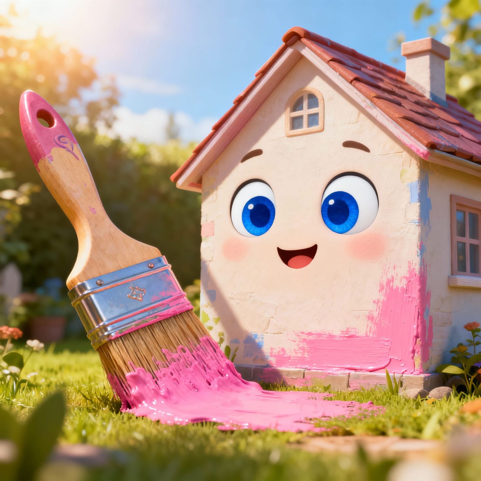 Enchanted Paintbrush Paints House with Pink Paint on Sunny D...