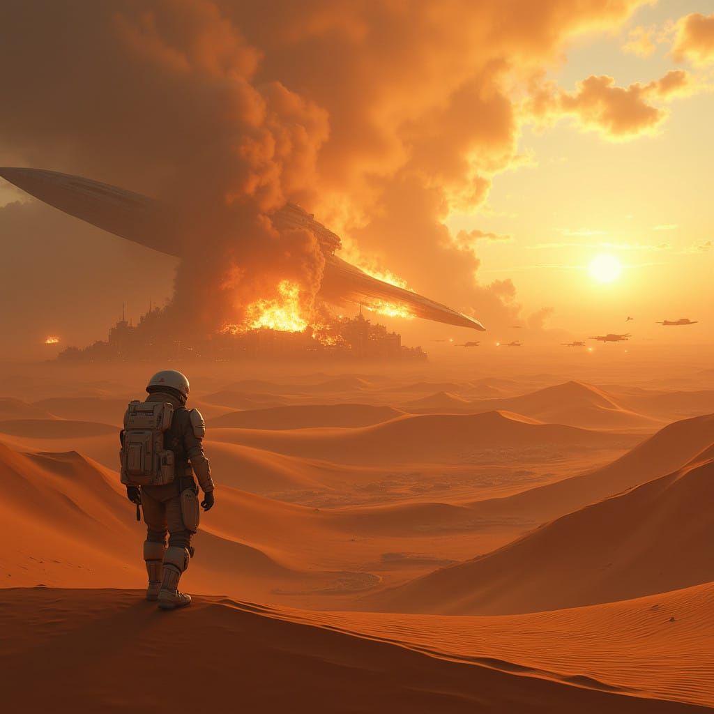 Epic Desert Planet Battle in a Cyberpunk Aesthetic