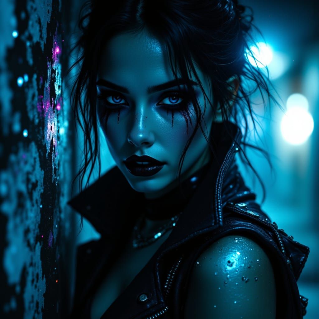 Grunge Rebel Woman in Neon Alleyway Portrait
