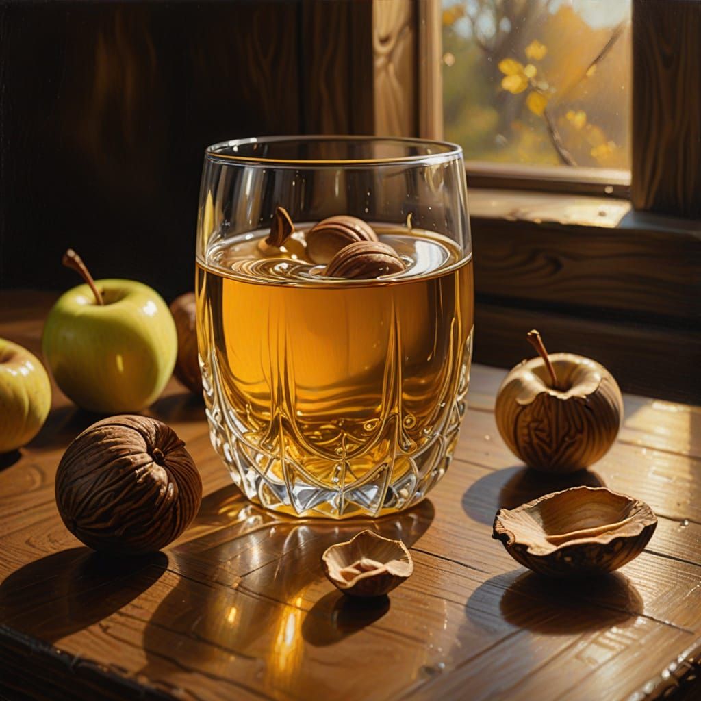 Wooden Nut in Golden Cider Oil Painting
