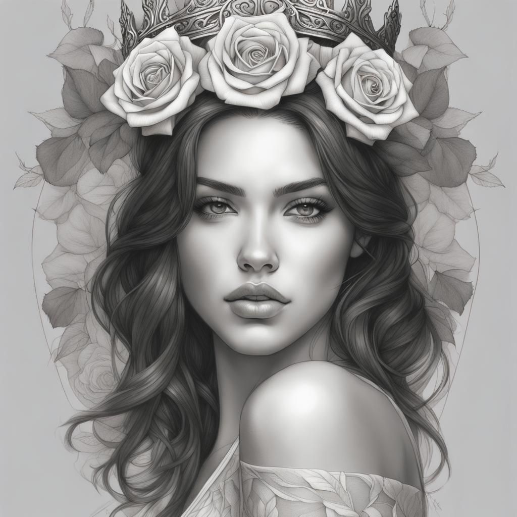 Brunette with Rose Crown: Digital Art Illustration