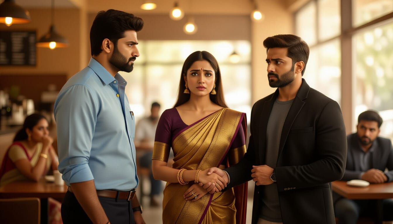 Cinematic Scene: Angry Man Confronts Woman in Modern Cafe