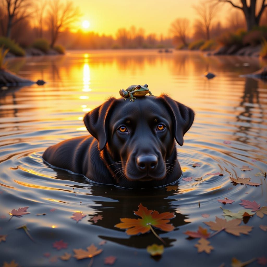 Dog and Frog Enjoy Sunrise Swim in Serene Lake