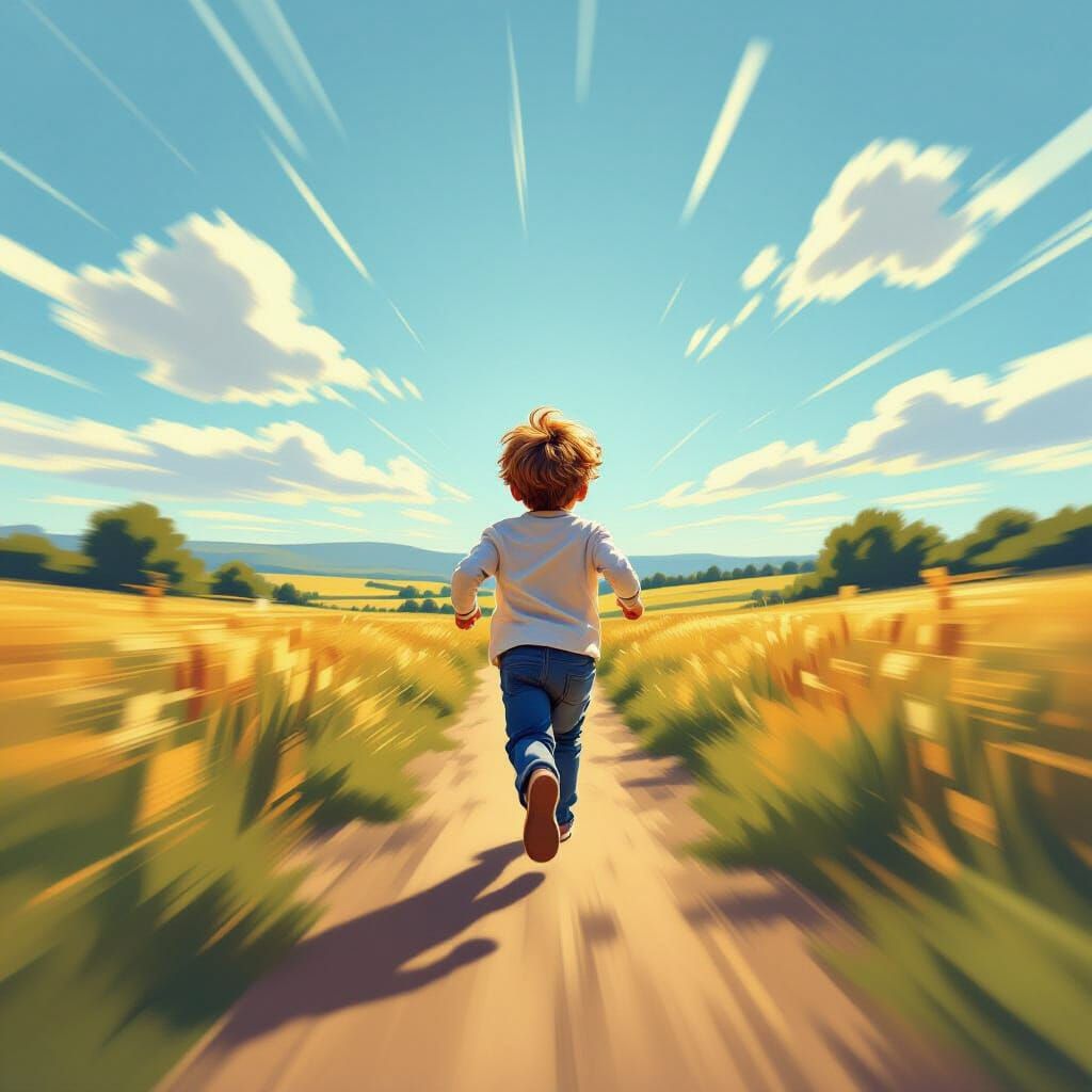 Joyful Boy Running in Vibrant Landscape, Digital Art Style