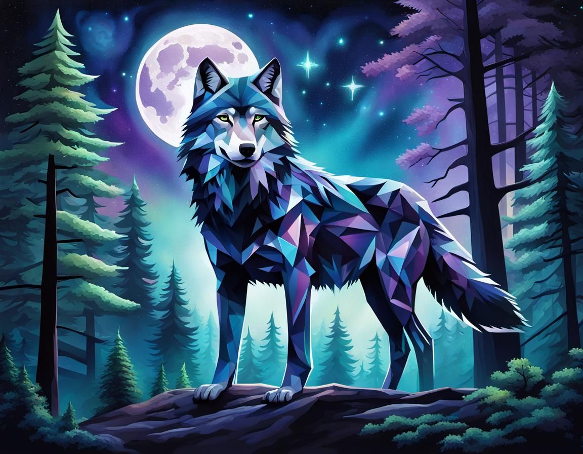 Geometric Wolf Under Moon in Gouache Style