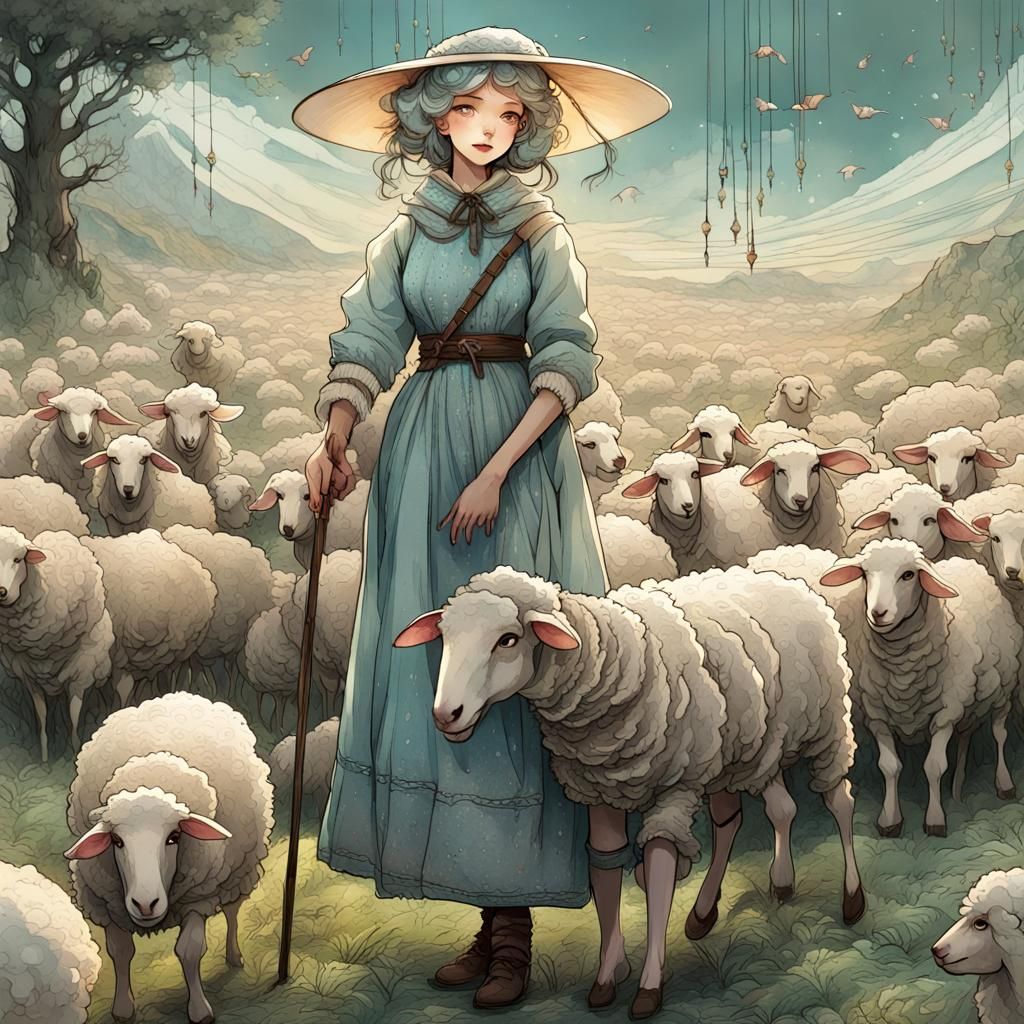 Little Bo Peep and Sheep in Fantasycore Watercolor