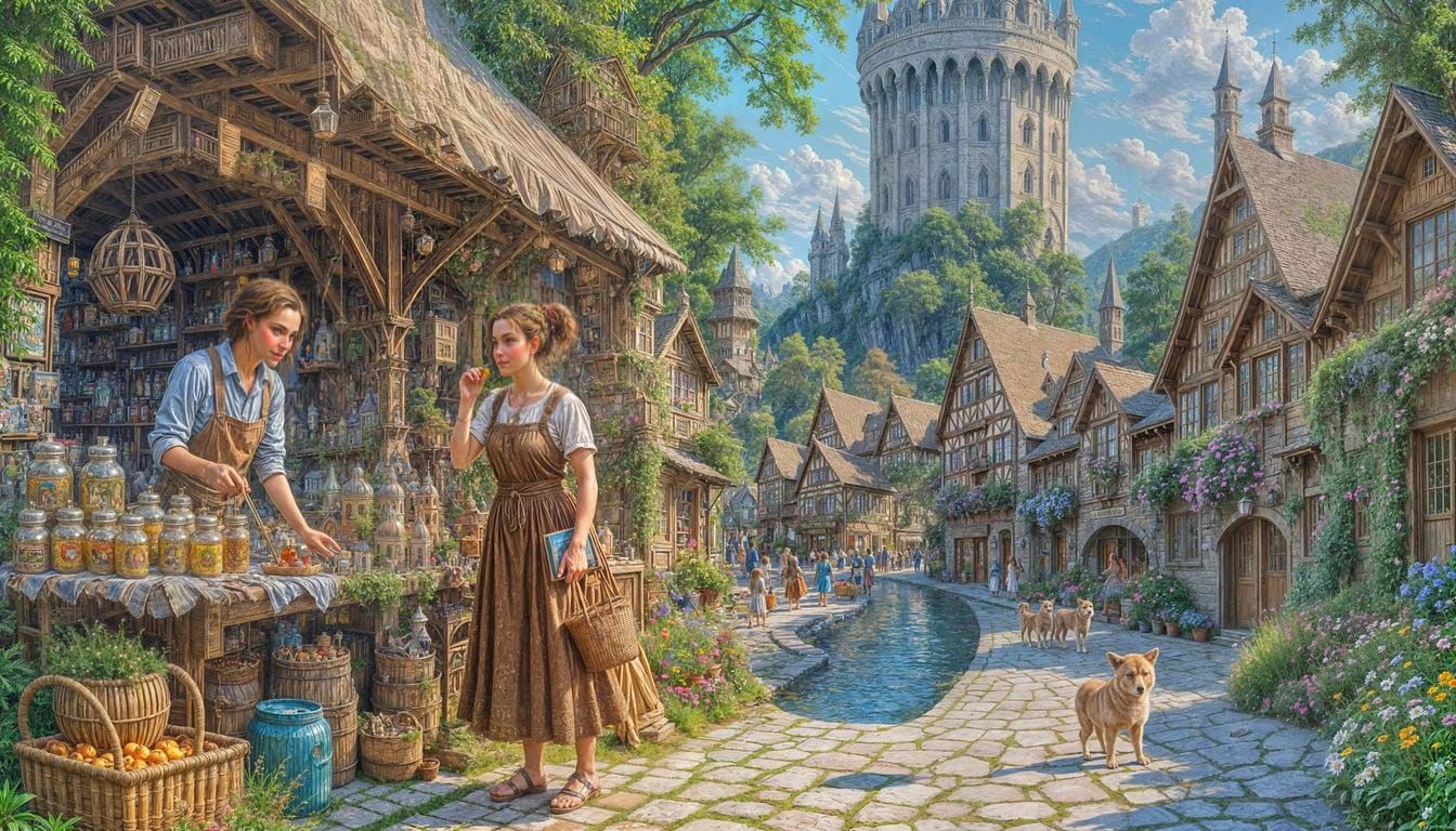 Whimsical Oil Painting of Enchanted Village