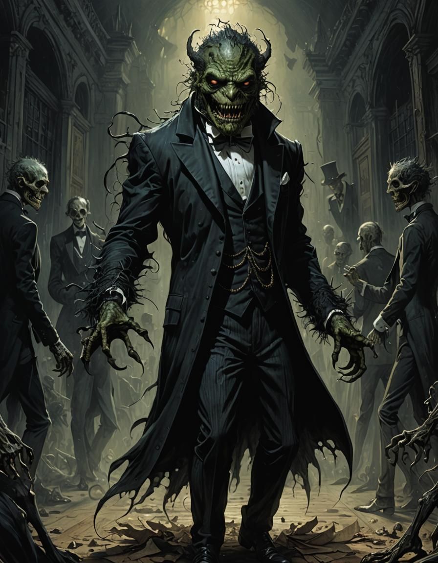 Dancing Tuxedo Monster in Horror Art Style