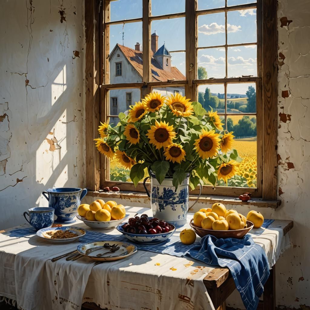 Sunflowers in Delft Blue Bucket: Hyperreal Ukrainian Still L...
