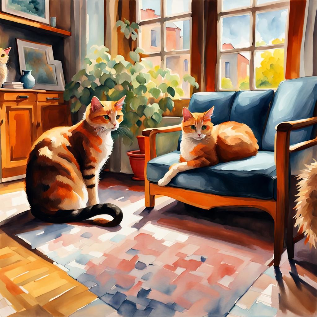 Cozy Cats in Watercolor Impressionist Style