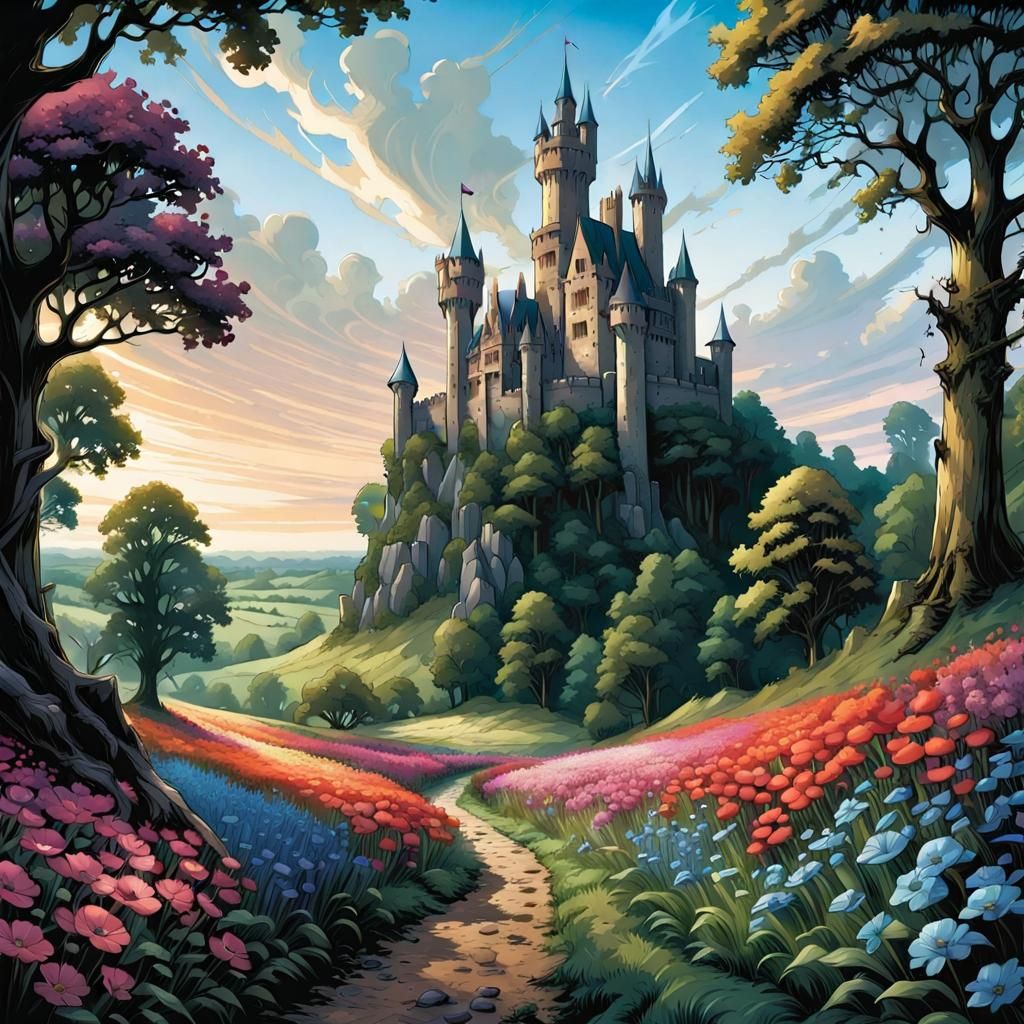 Medieval Castle in Enchanted Forest: Comic Book Art