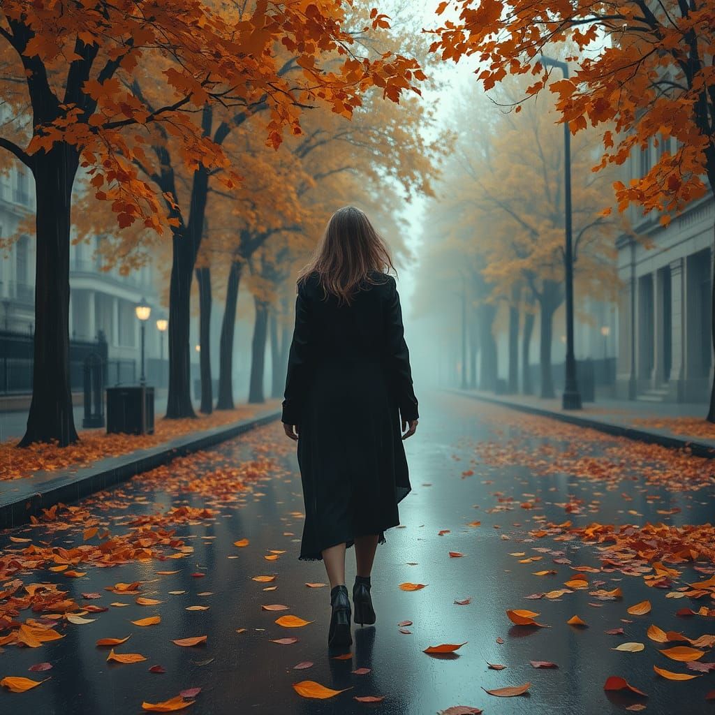 Rainy Autumn Street Scene in Impressionist Style