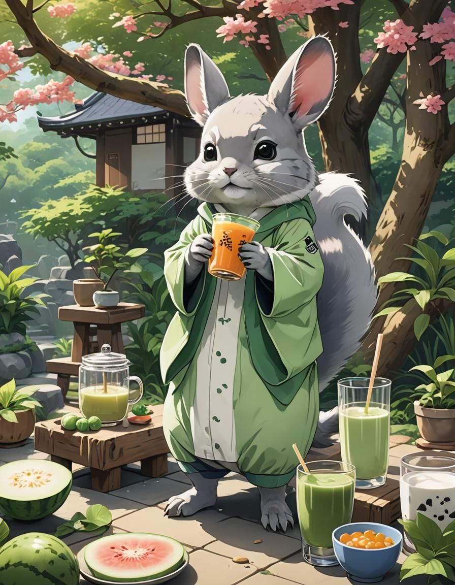 Chinchilla Sipping Tea in Japanese Garden, Cel-Shaded Anime ...