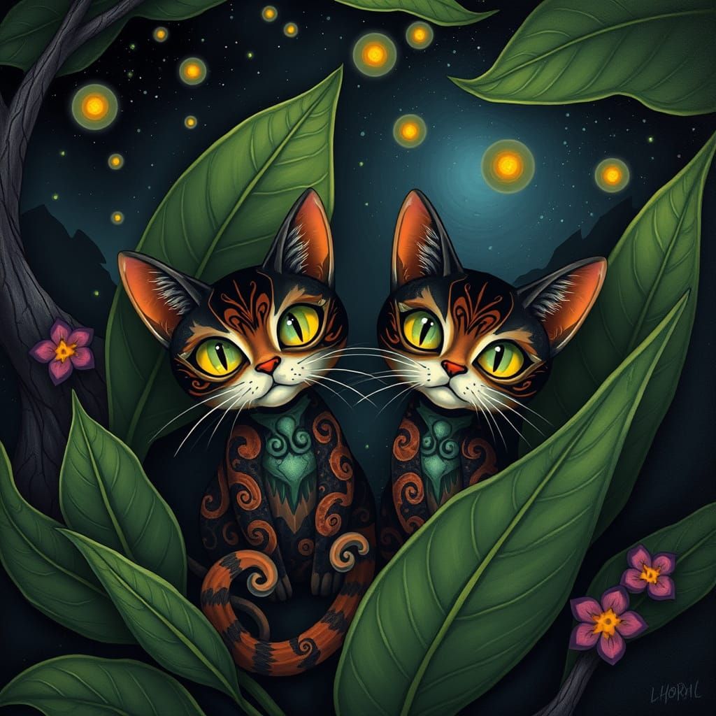 A captivating dark fantasy painting featuring two whimsical ...