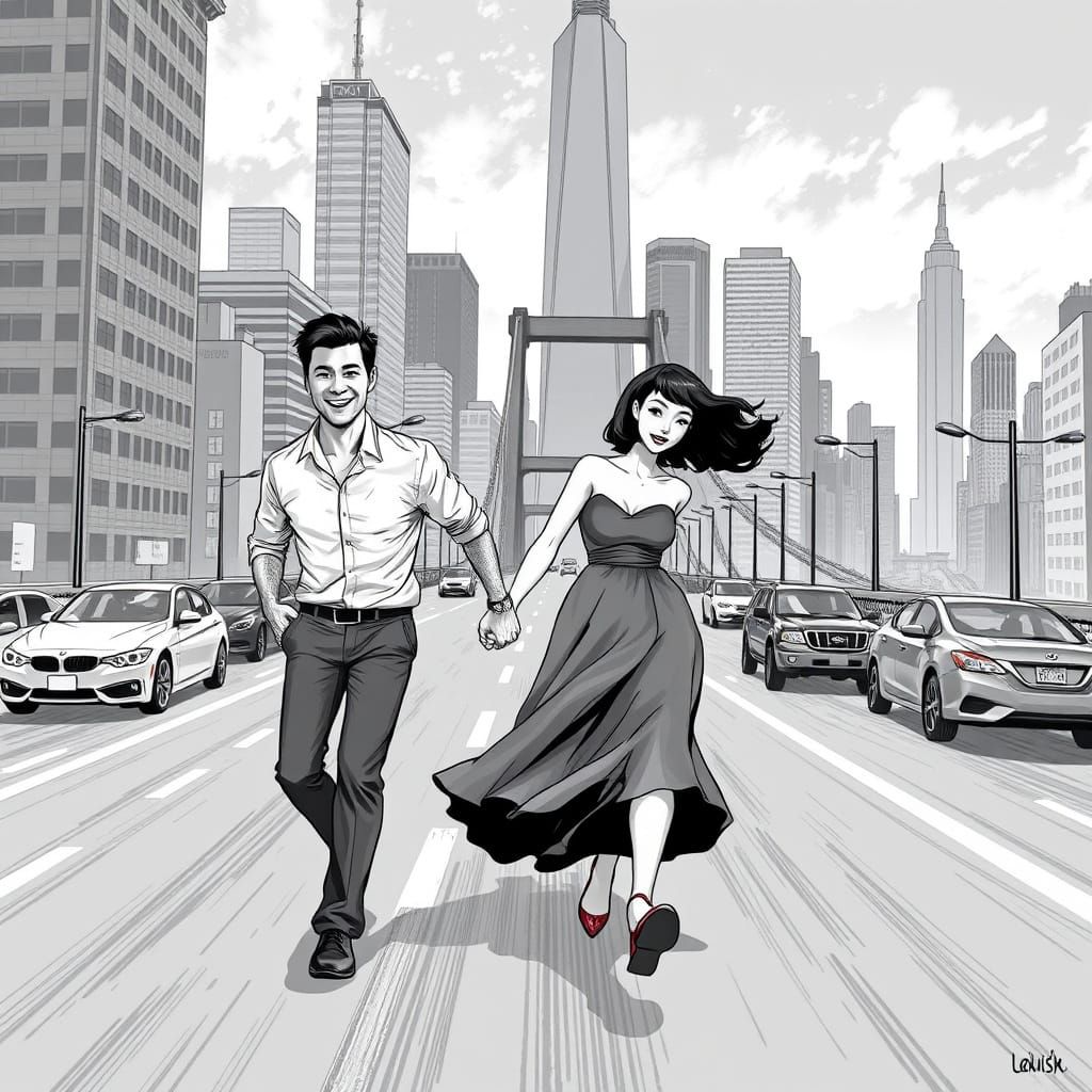 Joyful Couple in Urban Black and White Illustration