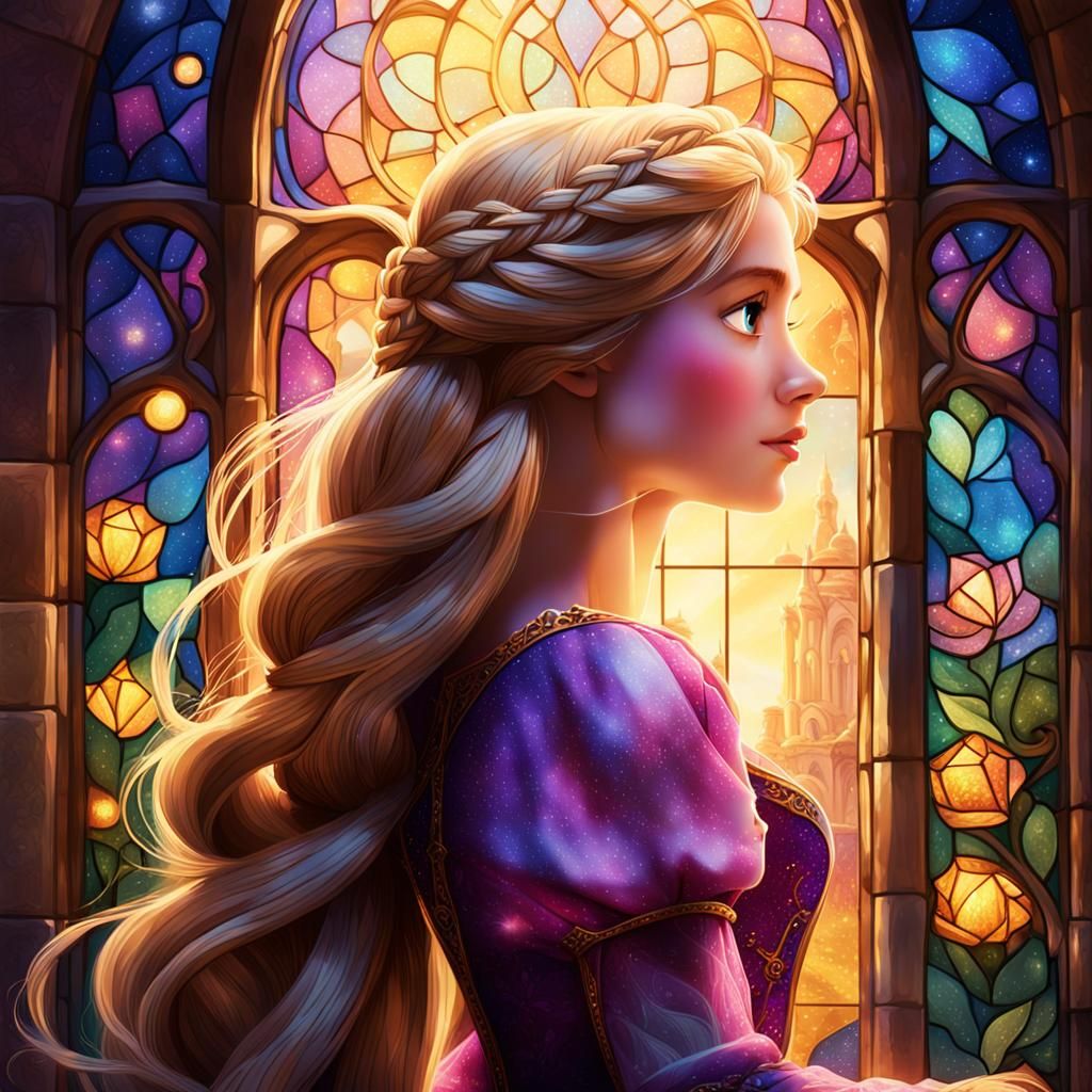 Rapunzel Gazes at Mystical Landscape, Fantasy Art