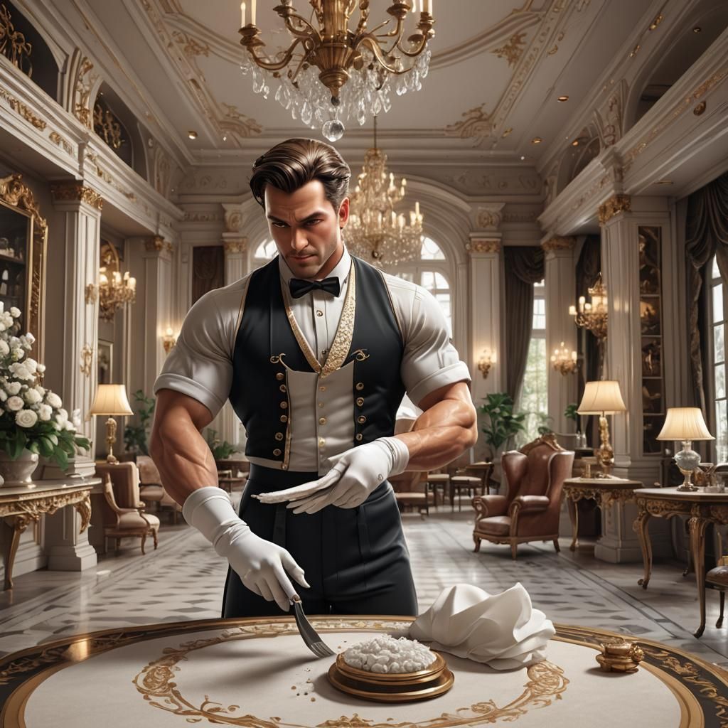 3D illustration of a handsome, strong man working as a maid ...