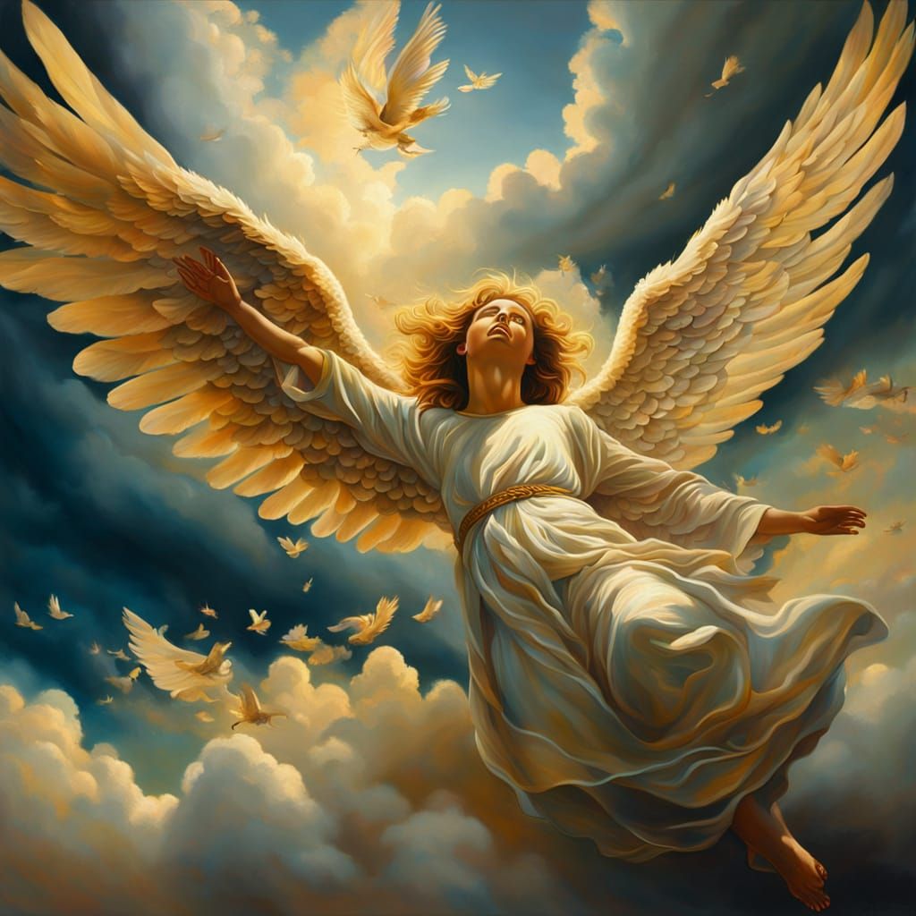 Angel Falls from Heavenly Realm in Vibrant Oil Painting