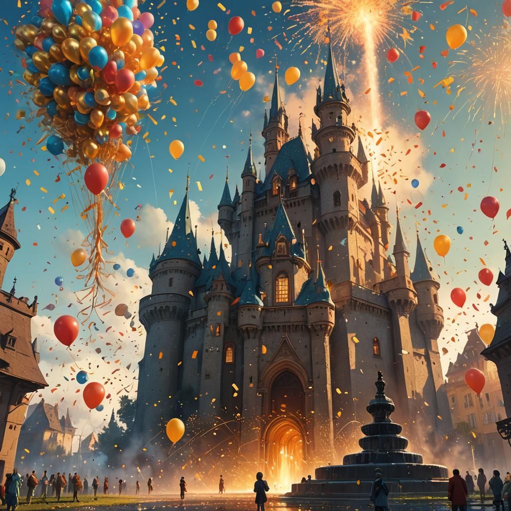 Fantasy Castle Celebration with Fireworks and Orbs