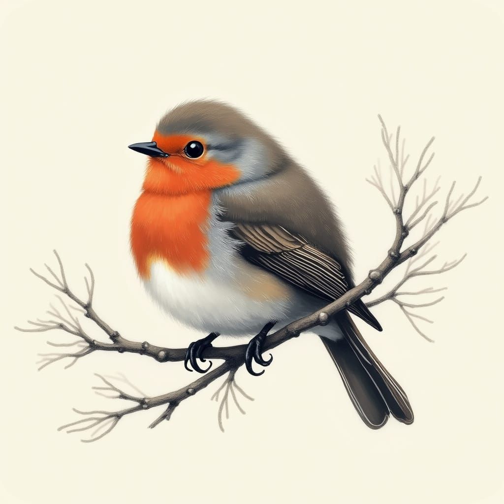 Stylized Charcoal Robin with Red Breast