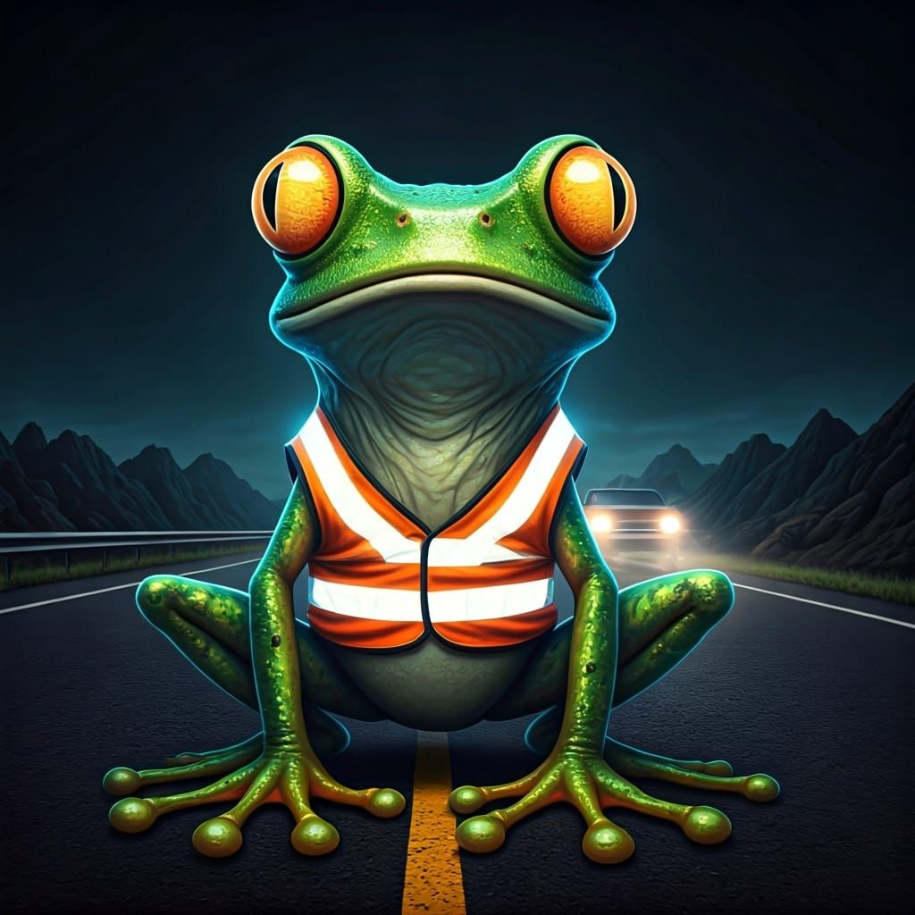 Frog Crossing Guard in Surreal Sci-Fi Style