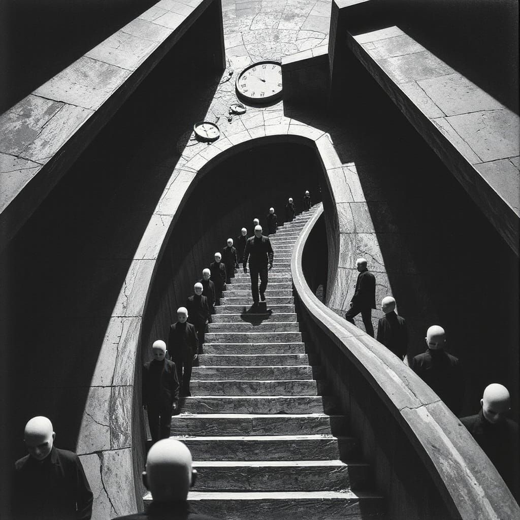 Surreal Infinite Staircase in Dreamlike Monochrome Style