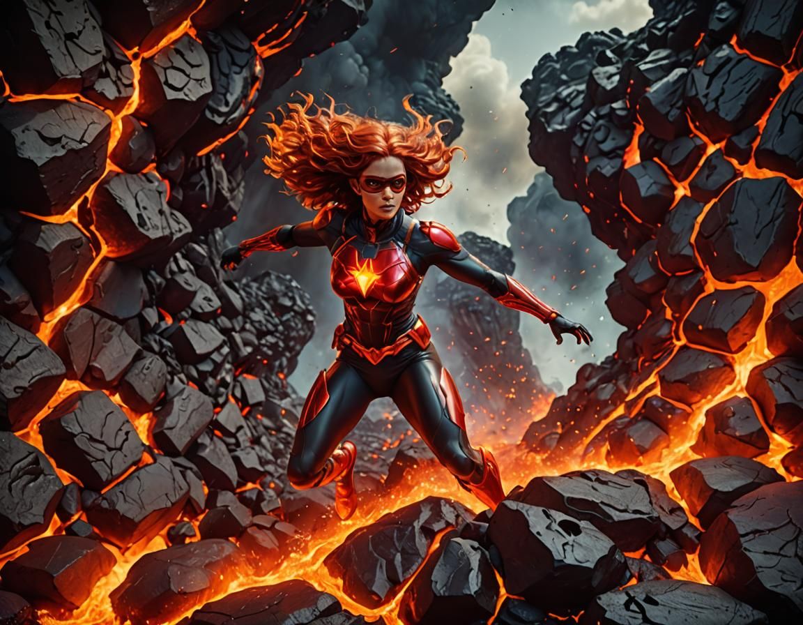 Superhero Woman Floating in Lava with Volumetric Lighting