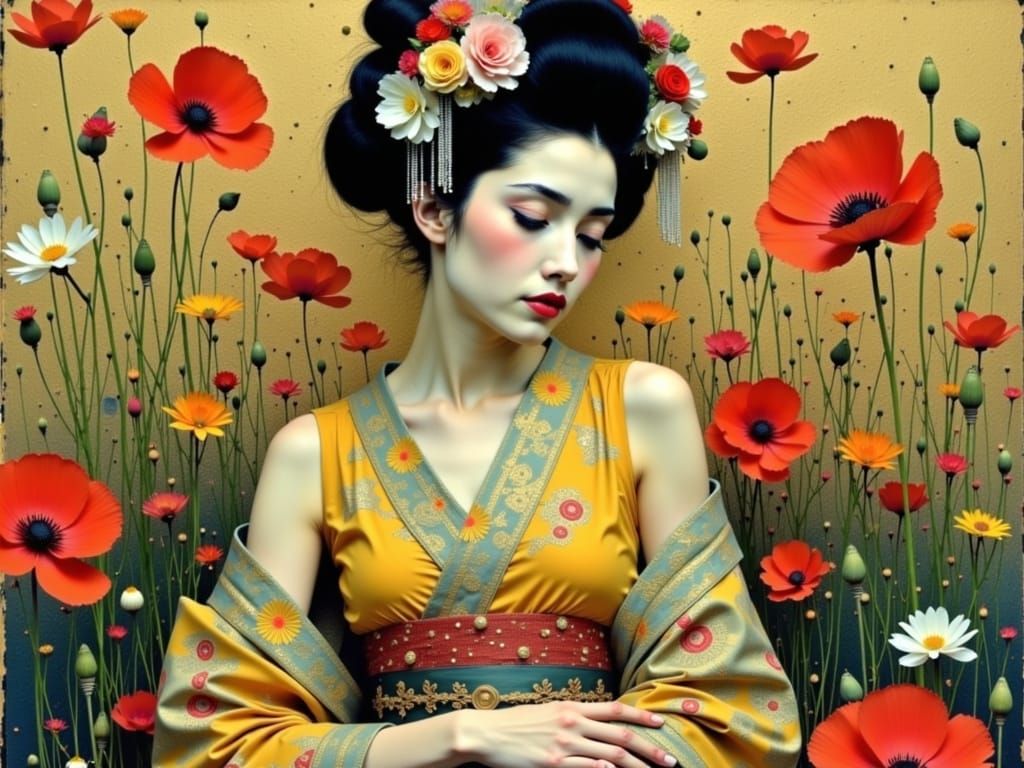 Golden Geisha Portrait in Impressionistic Style