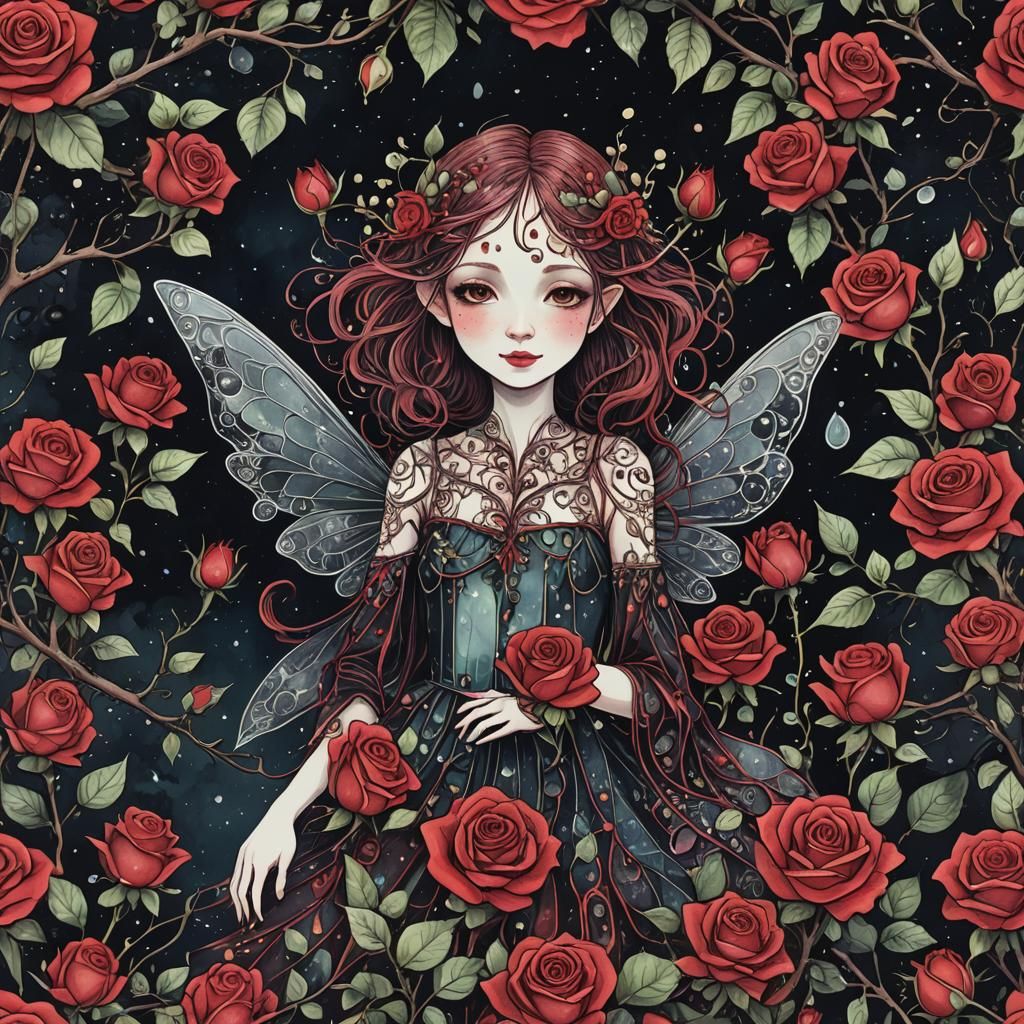 Rose Fairy in Dark Anime Ink Wash Style