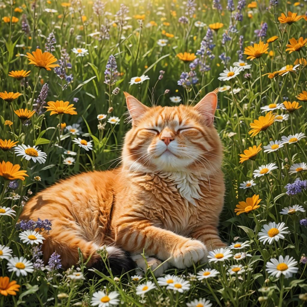 Orange Cat Dreams in Wildflower Meadow