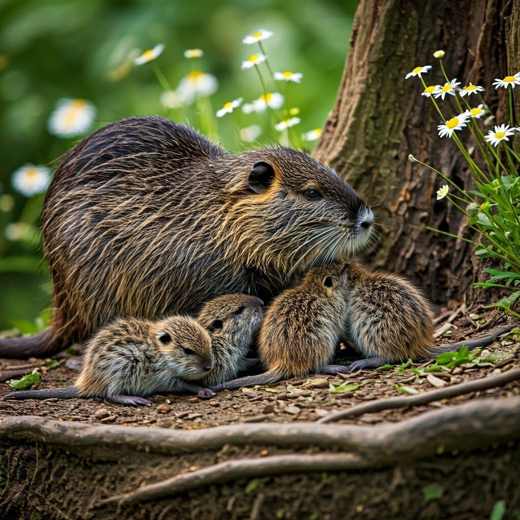 Nutria Family in Forest Sanctuary