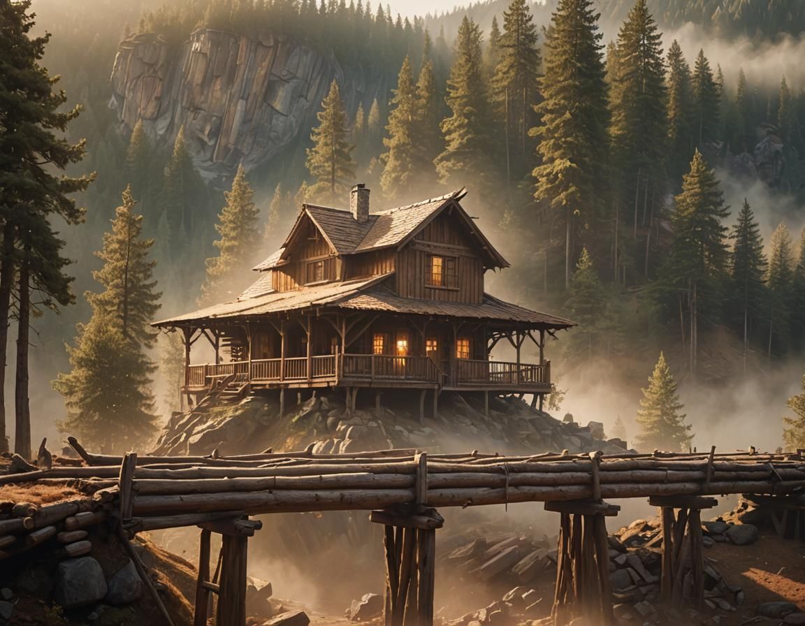 Cozy Cabin in Misty Mountains: Cinematic Matte Painting