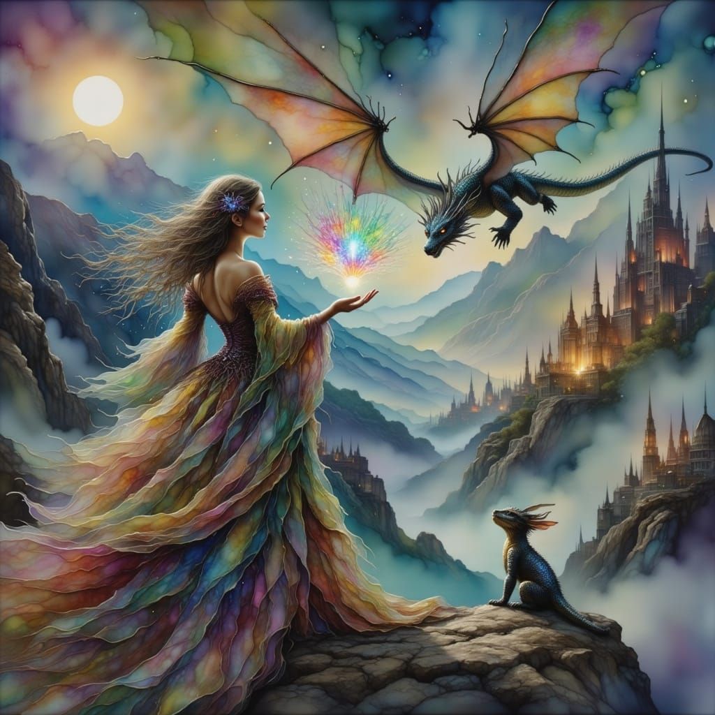 Sorceress and Dragon Over Burning City