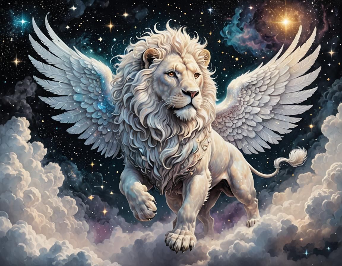 Winged Lion Soaring in Cosmic Twilight