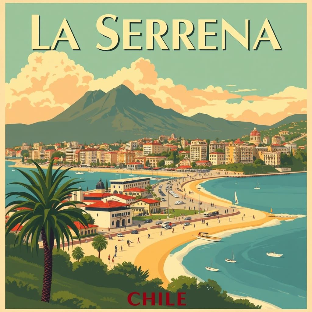La Serena Chile Vintage Travel Poster in Art Deco Style
