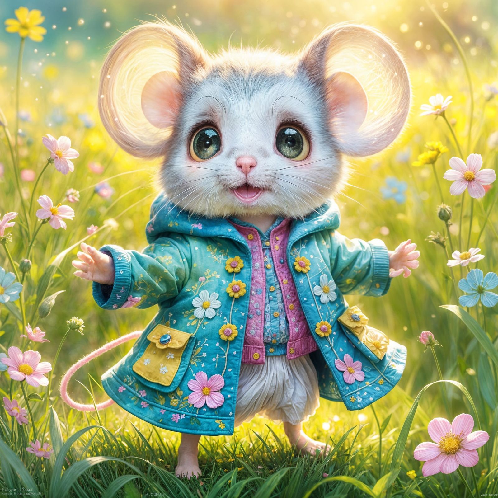 Cheerful Kawaii Mouse in Sparkling Meadow Digital Art