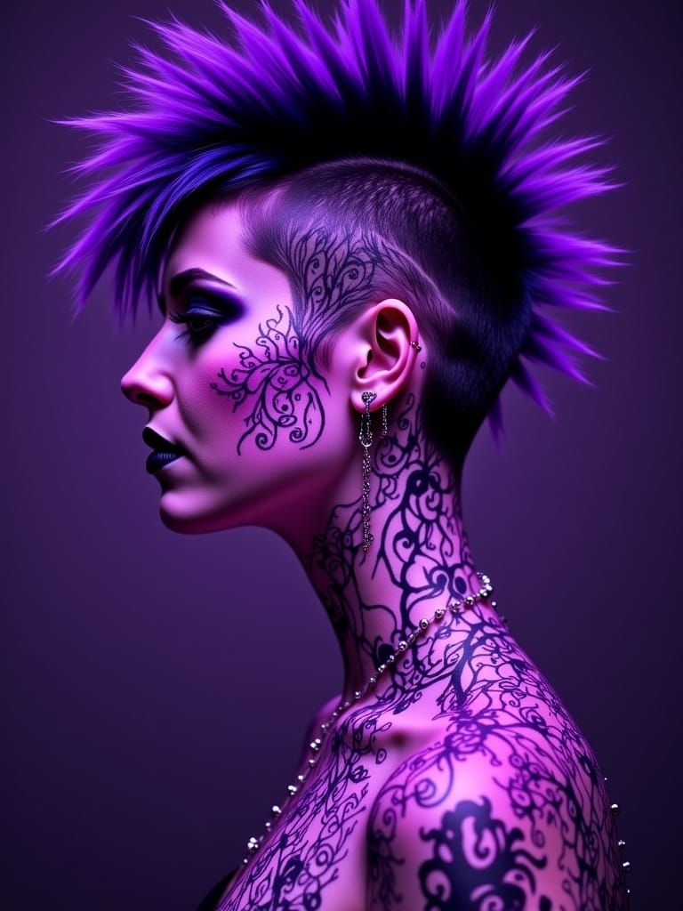 Cyberpunk Portrait with Purple Tattoos and Mohawk