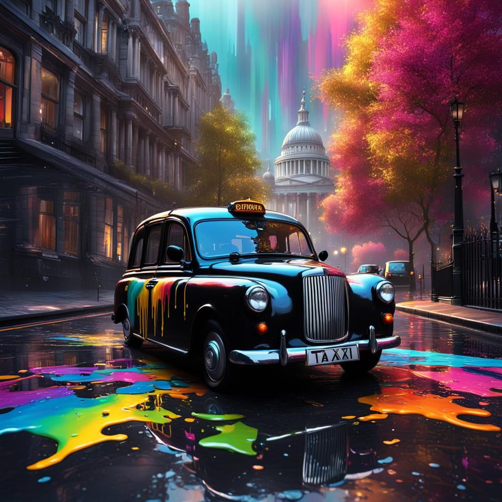 Colorful Dripping Paint Art of London Black Taxi