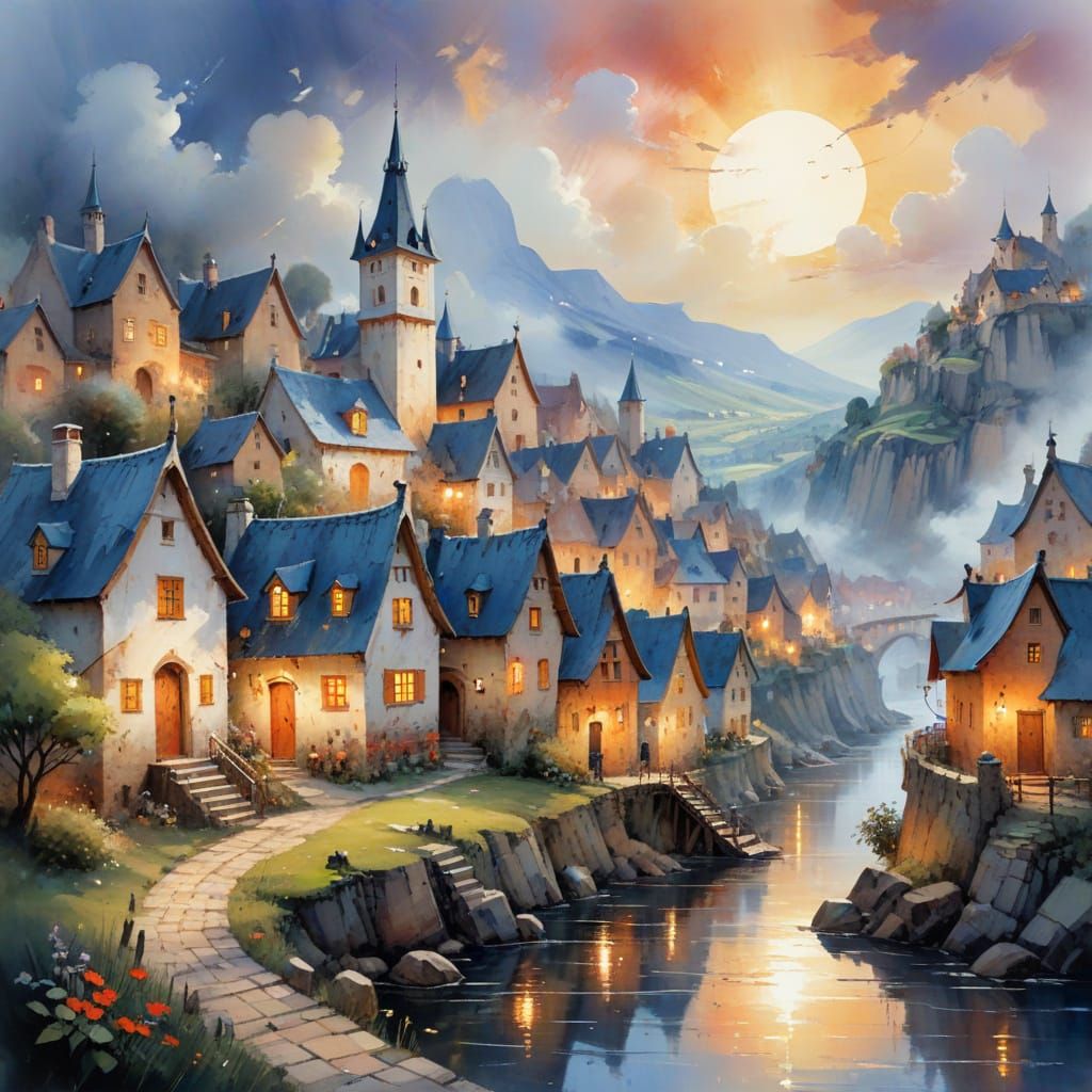 Fairytale Village Celebration in Watercolor Style