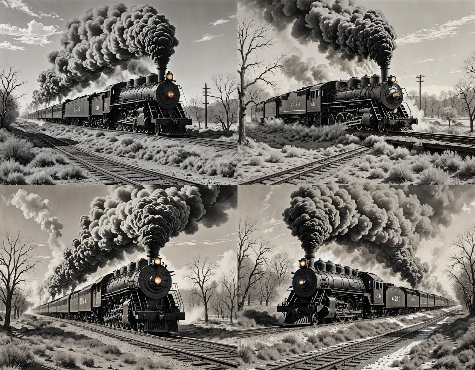 Steam Locomotive on Winter Track: Charcoal Drawing