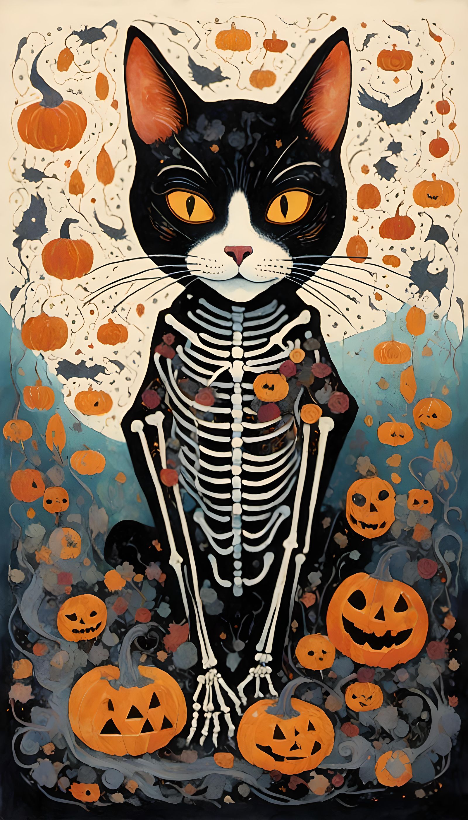 Skeleton Black Cat Surrounded by Jack-o-lanterns