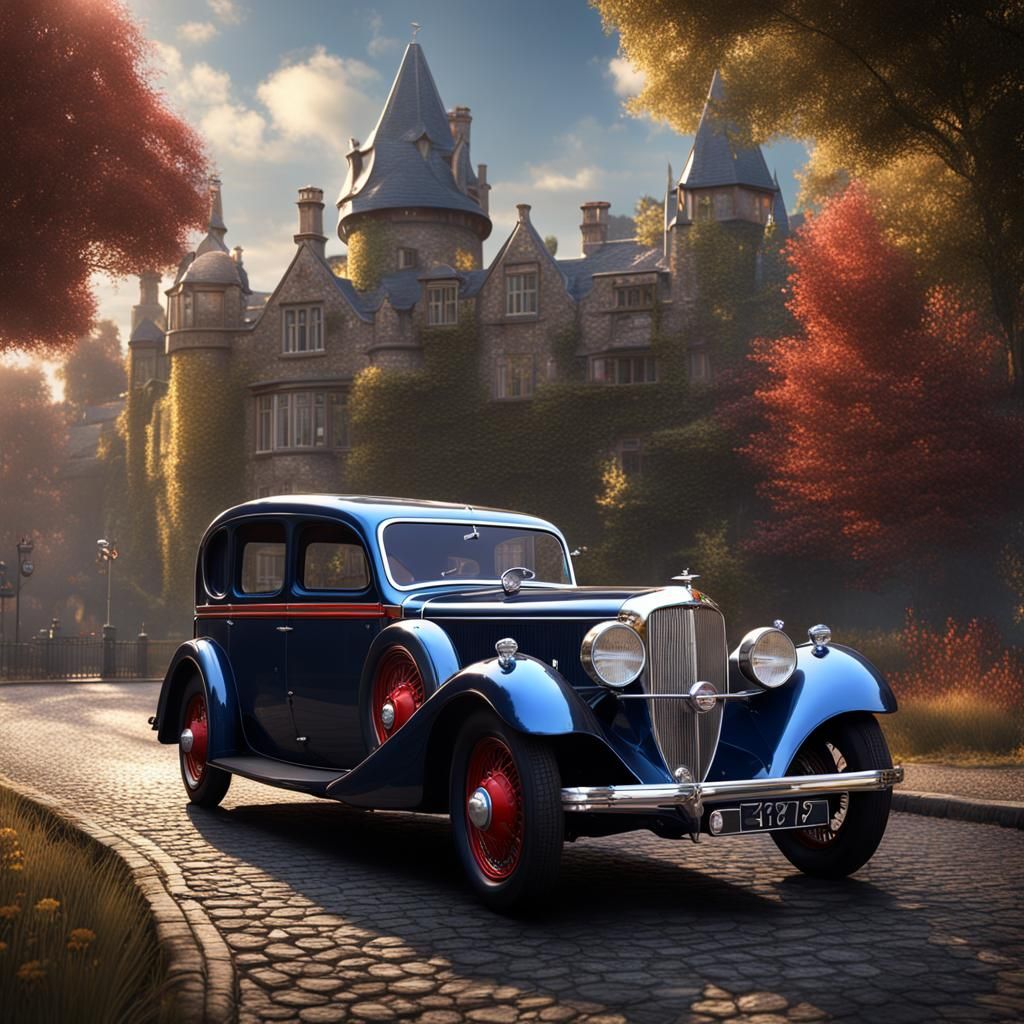 Vintage Car on English Road: Detailed Matte Painting