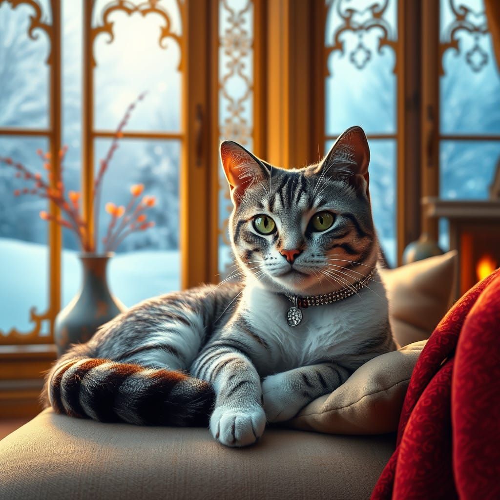 Serene Tabby Cat in Winter Wonderland