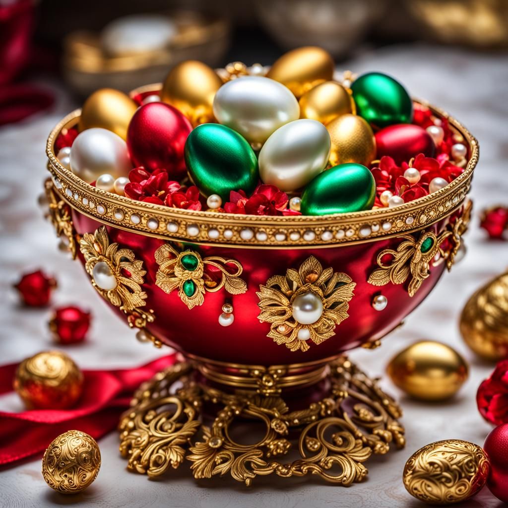 Luxury Bowl with Faberge Eggs and Jewels, 8K