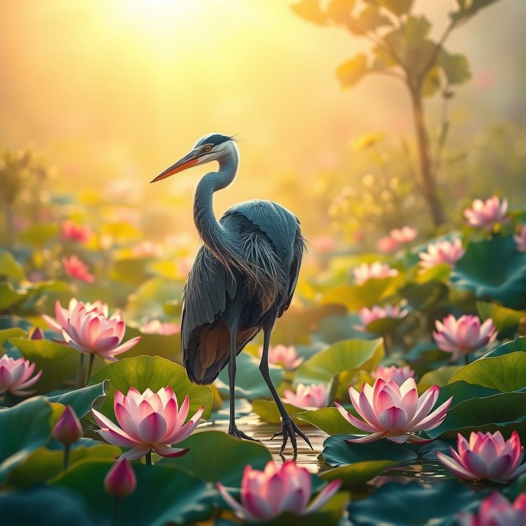 Surreal Heron in Lotus Pond, Cyberpunk-Industrial Realism