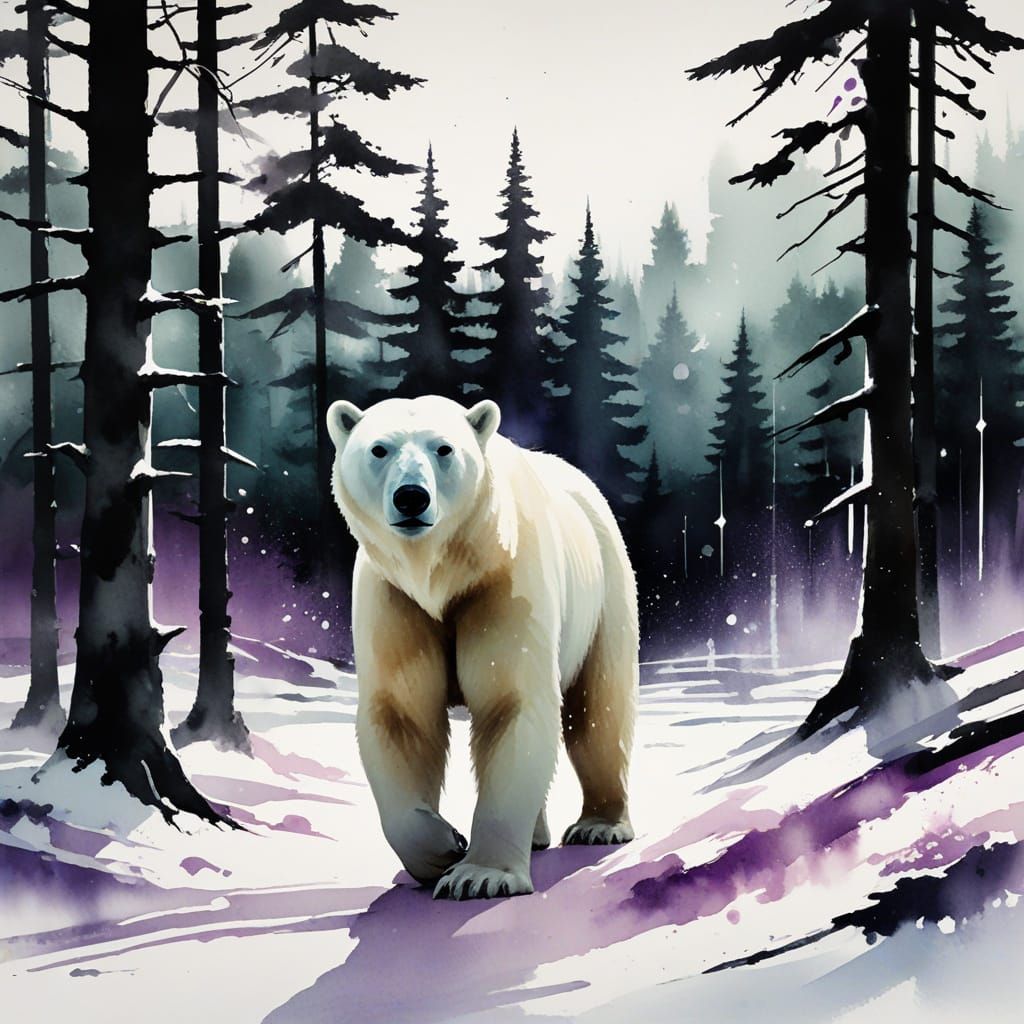 Polar Bear Warrior Guards Cabin Under Aurora Borealis