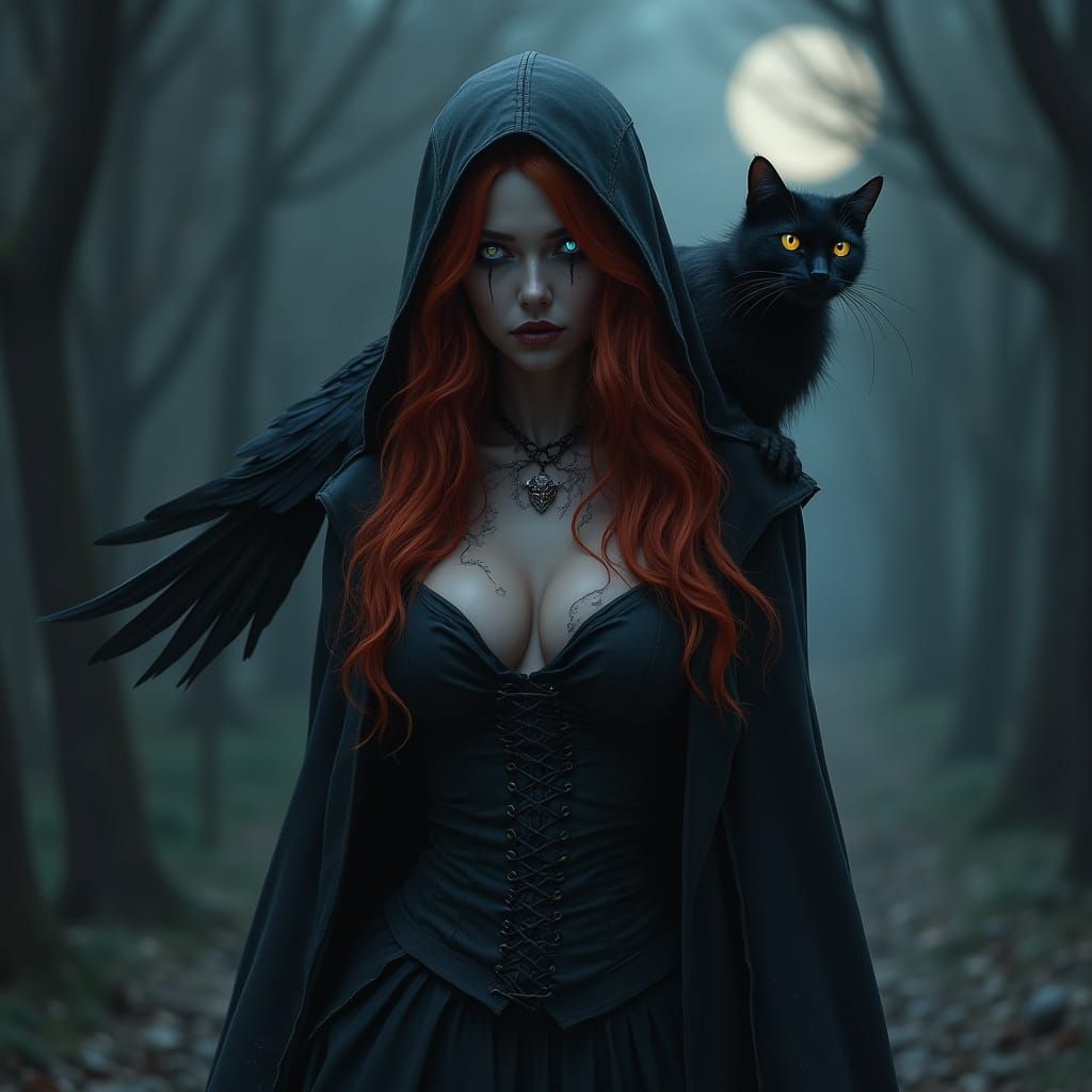 Gothic Woman Walks Under Moonlight, Surrounded by Dark Creat...