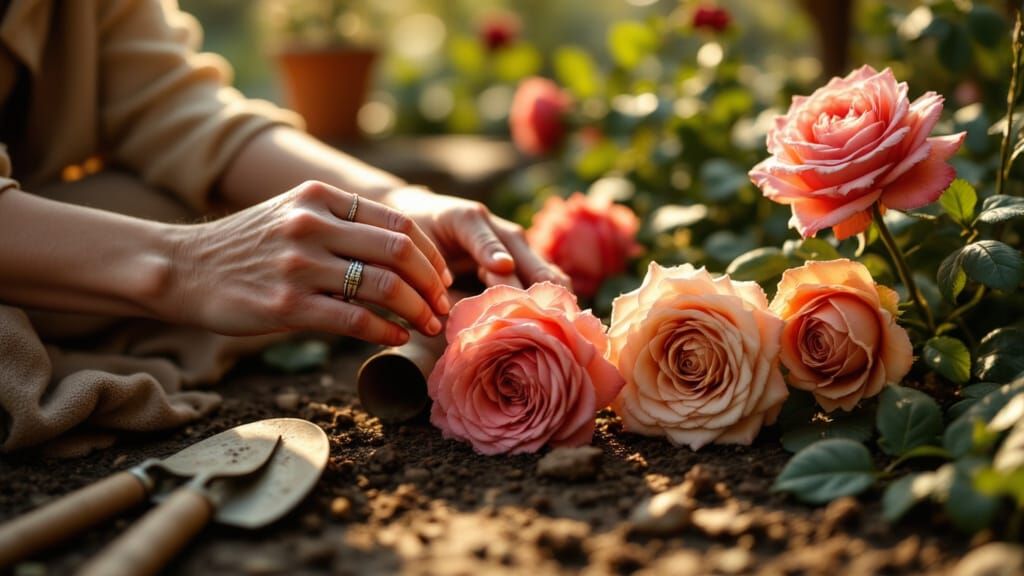 Elderly Hand Tending Roses in Sun-Dappled Garden